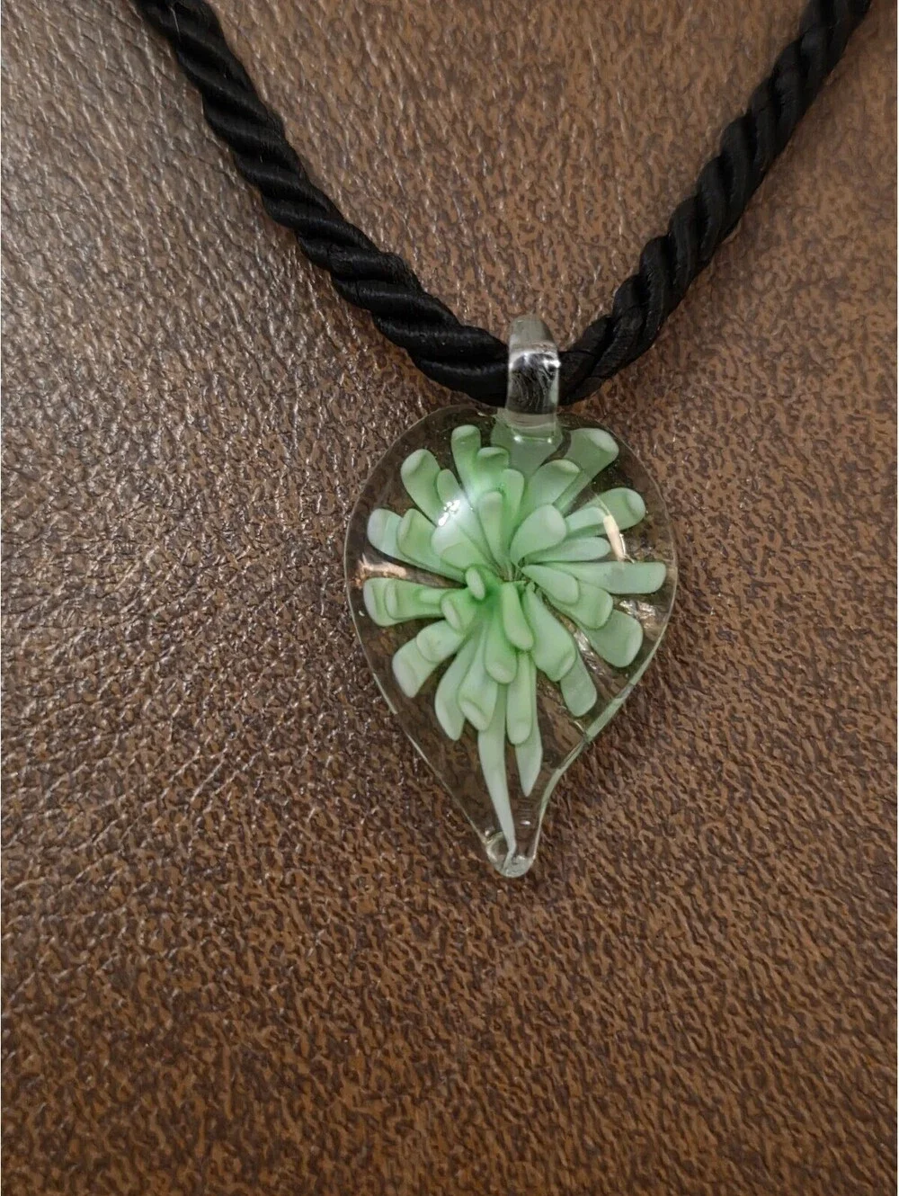 Murano Style Art Glass Teardrop Floral Pendant Necklace Black Cord Green Flower